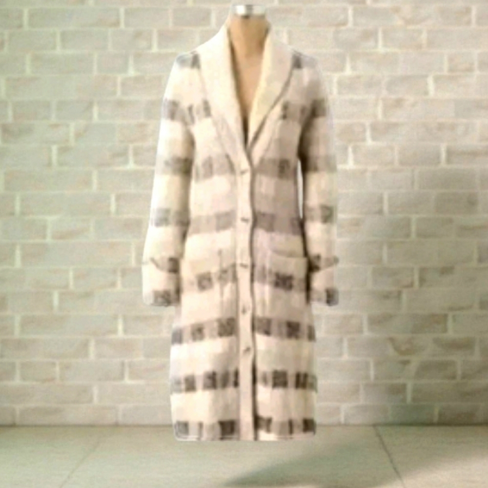 Anthropologie-Far Away From Close  Cardigan-Small Cream/Gray Plaid Cotton Mohair